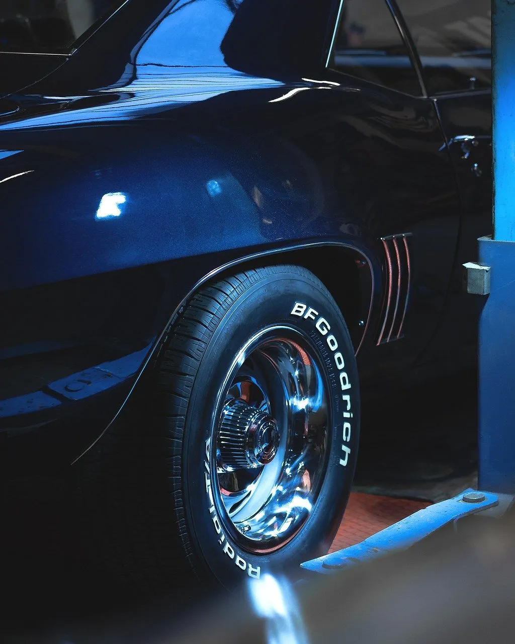Close-up of a car’s rear wheel and tire