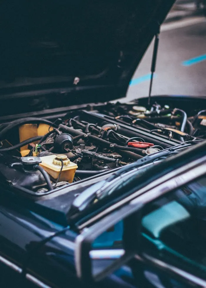 Open hood showing engine wiring and components