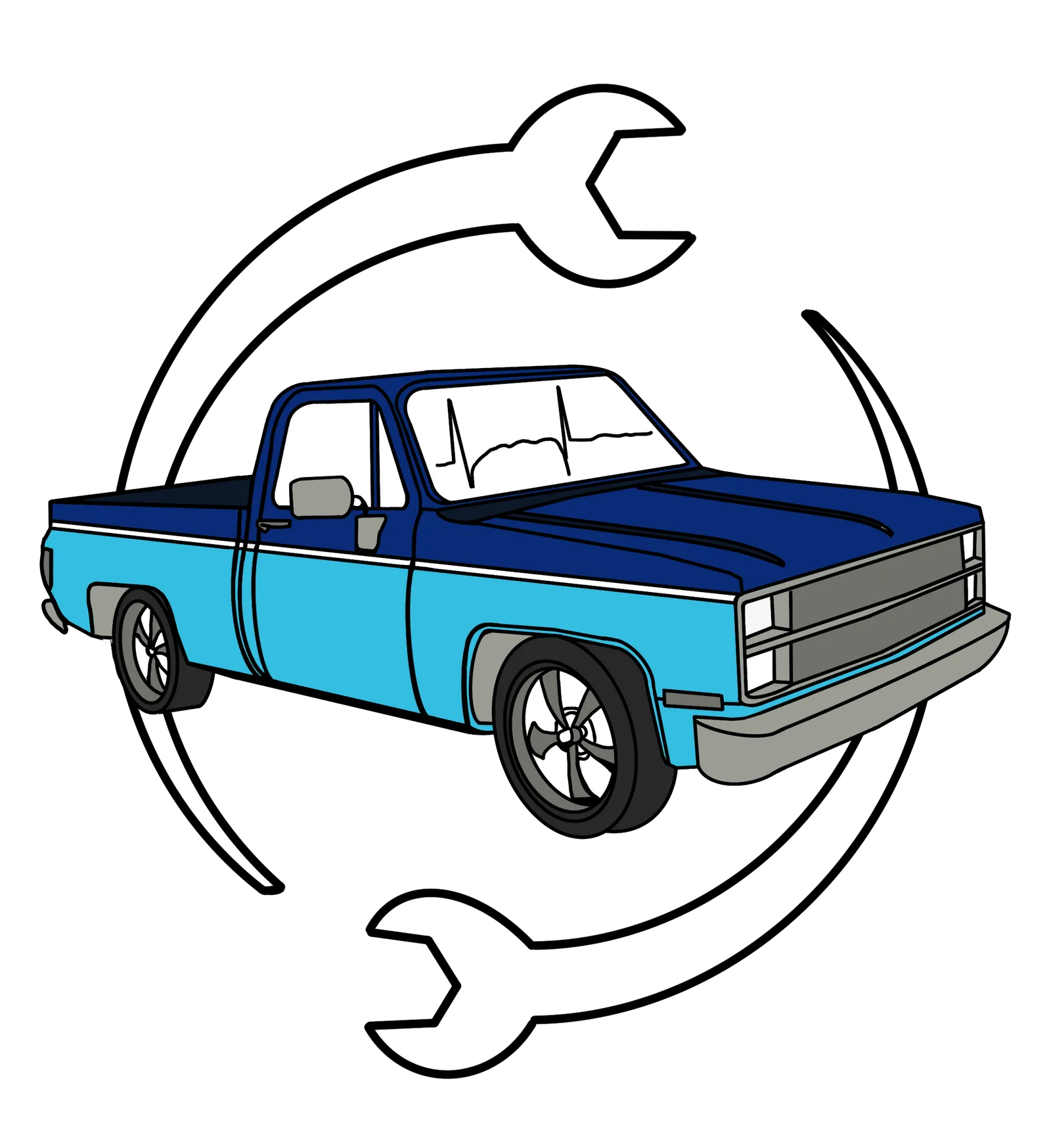Koehn Mobile Automotive logo: a blue pickup truck inside a wrench